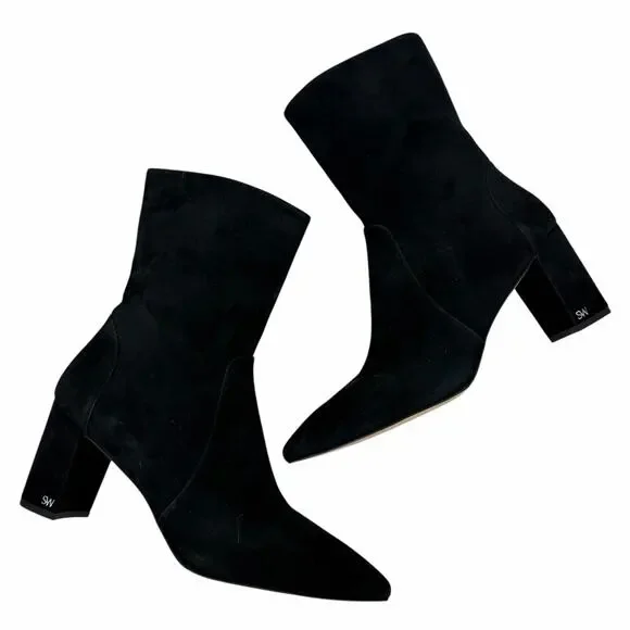 Stuart Weitzman Renegade Suede Block Heel Ankle Boots Black Size 11